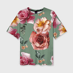 Женская футболка оверсайз Цветы Нарисованные Розы и Пионы