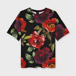 Женская футболка оверсайз Цветы Нарисованные Розы На Чёрном Фоне