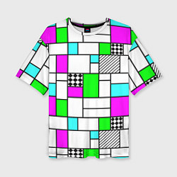 Женская футболка оверсайз Неоновый геометрический узор с черными линиями