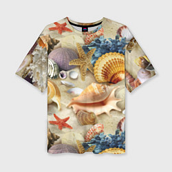 Женская футболка оверсайз Морские раковины, кораллы, морские звёзды на песке