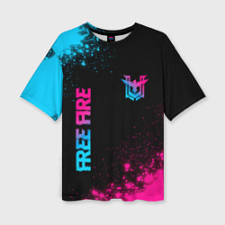 Футболка оверсайз женская Free Fire - neon gradient: символ и надпись вертик, цвет: 3D-принт