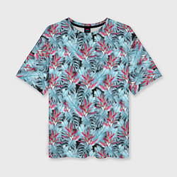Женская футболка оверсайз Голубые тропические листья и цветы