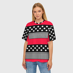 Футболка оверсайз женская Red and black pattern with stripes and stars, цвет: 3D-принт — фото 2