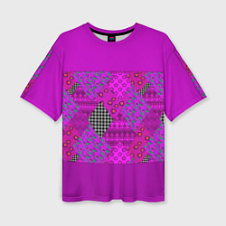 Женская футболка оверсайз Малиновый комбинированный узор пэчворк