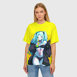 Футболка оверсайз женская Ребекка пьет коктель - Киберпанк аниме, цвет: 3D-принт — фото 2