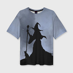 Женская футболка оверсайз Halloween - силуэт ведьмы с котом