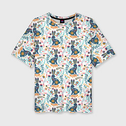 Женская футболка оверсайз Новогодний паттерн - Кролики и веточки
