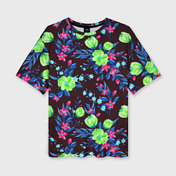 Женская футболка оверсайз Неоновые цветы - паттерн