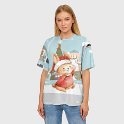 Футболка оверсайз женская Зайчик на фоне новогоднего города, цвет: 3D-принт — фото 2