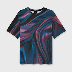 Женская футболка оверсайз Абстрактные фиолетовые и синие волны с блёстками