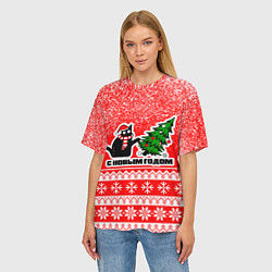 Футболка оверсайз женская С новым годом - котик и ёлка, цвет: 3D-принт — фото 2