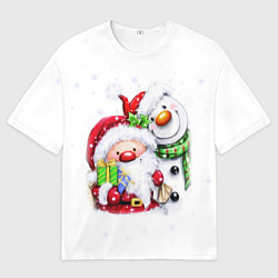 Футболка оверсайз женская Дед Мороз и снеговик с подарками, цвет: 3D-принт