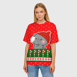 Футболка оверсайз женская Серый котик - играет в снежки, цвет: 3D-принт — фото 2