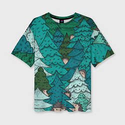 Женская футболка оверсайз Ежи в еловом лесу