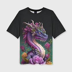 Женская футболка оверсайз Неоновый дракон с цветами