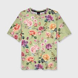 Женская футболка оверсайз Акварельные цветы - паттерн зеленый