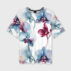 Женская футболка оверсайз Голубая орхидея акварель - паттерн