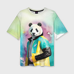 Футболка оверсайз женская Прикольный панда в модной куртке, цвет: 3D-принт