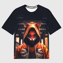 Женская футболка оверсайз Кицунэ на фоне храма - пагоды