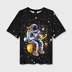 Женская футболка оверсайз Космонавт на рыбалке - неон
