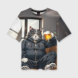 Женская футболка оверсайз Толстый кот со стаканом пива