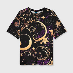 Женская футболка оверсайз Чёрный паттерн со звёздами и лунами