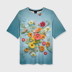 Женская футболка оверсайз Букет полевых цветов на ткани
