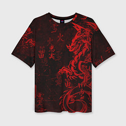 Женская футболка оверсайз Красный дракон - иероглифы