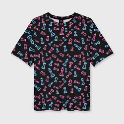 Женская футболка оверсайз Неоновые розовые и голубые шахматные фигуры на чер