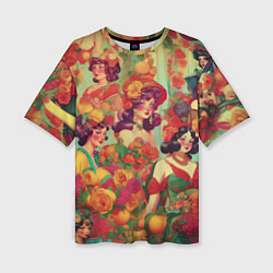 Женская футболка оверсайз Винтажные ретро леди и цветы