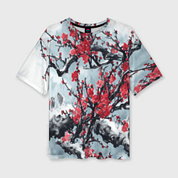 Женская футболка оверсайз Лепестки цветущей вишни - сакура