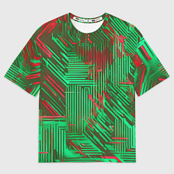 Футболка оверсайз женская Киберпанк линии красные и зелёные, цвет: 3D-принт