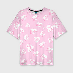 Женская футболка оверсайз Барби: белые сердца на розовом паттерн