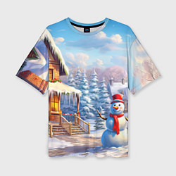 Женская футболка оверсайз Новогодняя деревня и снеговик