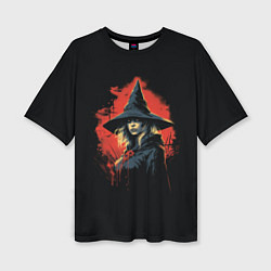 Женская футболка оверсайз Ведьма в шляпе кровавый фон