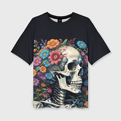 Женская футболка оверсайз Улыбающийся скелет среди цветов