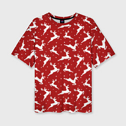 Женская футболка оверсайз Красный паттерн с новогодними оленями