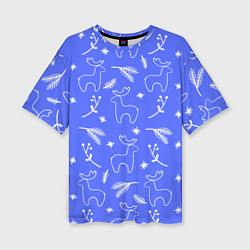 Женская футболка оверсайз Синий рождественский принт с оленями