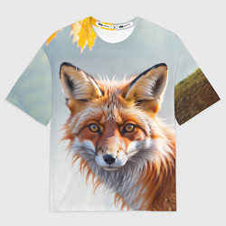 Футболка оверсайз женская Лиса с осенними листьями, цвет: 3D-принт
