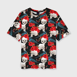 Женская футболка оверсайз Skull in roses