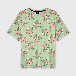 Женская футболка оверсайз Паттерн с розовыми цветами на бледно-зеленом