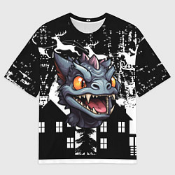 Женская футболка оверсайз Злой дракон на черном фоне