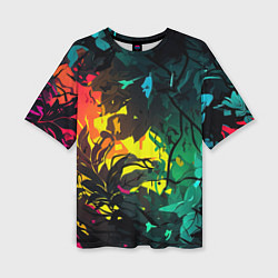 Женская футболка оверсайз Яркие разноцветные абстрактные листья
