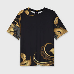 Женская футболка оверсайз Золотистые объемные листья и узоры