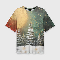 Женская футболка оверсайз Большая луна и новогодний лес
