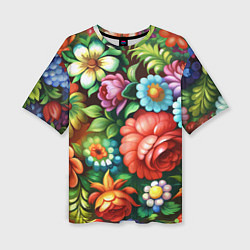 Женская футболка оверсайз Жостово роспись цветы традиционный узор