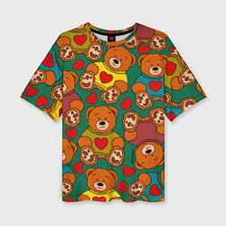 Женская футболка оверсайз Игрушки мишки в цветных свитерах и сердца