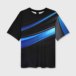 Женская футболка оверсайз Геометрическая абстракция черных и синих волн