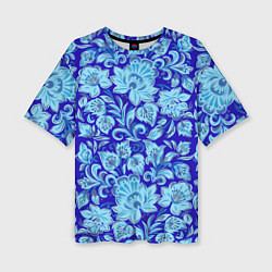 Женская футболка оверсайз Узоры гжель на темно синем фоне