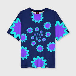 Женская футболка оверсайз Спираль фиолетовых звезд с циан контуром на темном